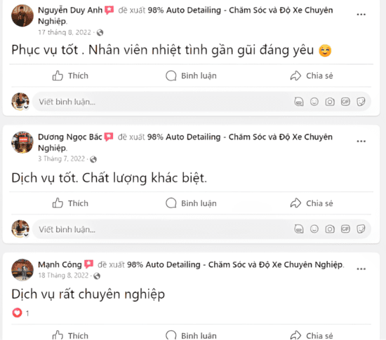 Khách hàng đánh giá 98% Auto Detailing