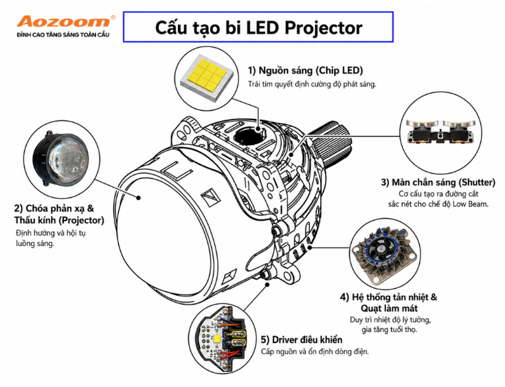 Cấu tạo cơ bản của bi LED ô tô