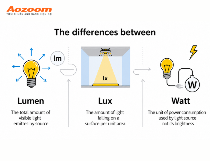 Lumen cùng Lux và Watt phản ánh từng khía cạnh khác nhau của ánh sáng