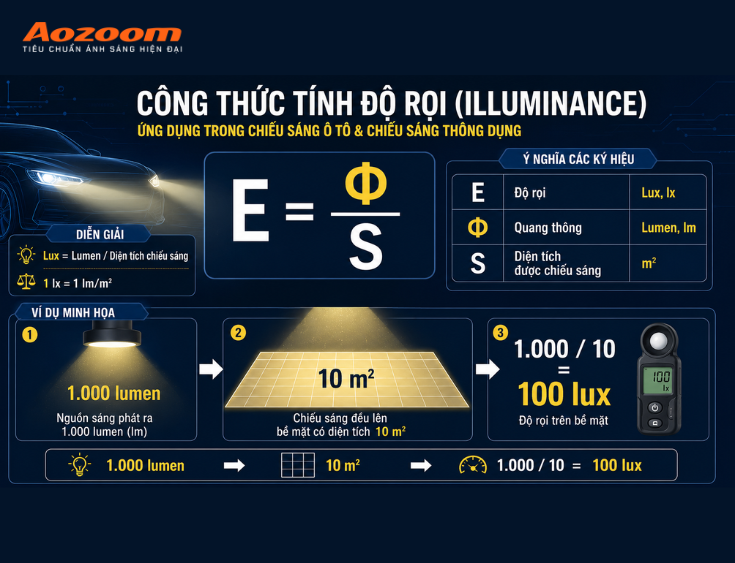 Độ rọi sẽ được tính bằng quan thông chia cho diện tích chiếu sáng