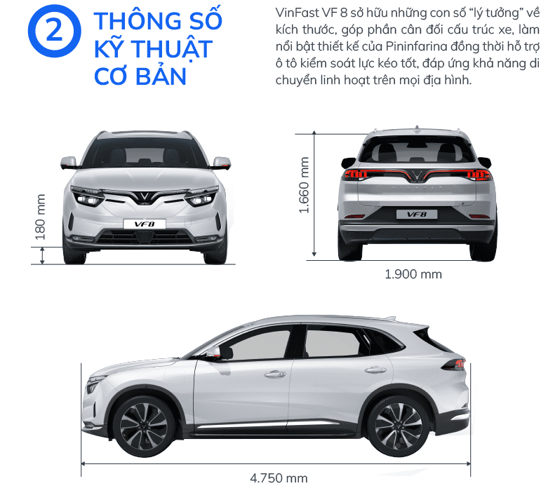 Kích thước của ô tô điện VINFAST VF 8